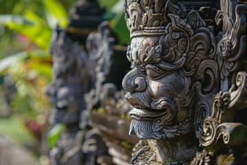 Fototapeta premium Traditional balinese stone statues depicting mythological figures guarding a temple entrance, showcasing the rich cultural heritage of bali