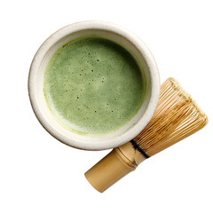 Overhead View of Matcha Tea in Bowl with Bamboo Whisk