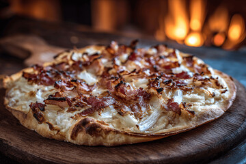 Crispy rustic Alsatian flammekueche in traditional style