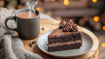 Rich Slice of Chocolate Cake on a Ceramic Plate