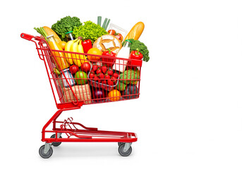 shopping cart full with daily essential food and baverage items isolated on white and copy space