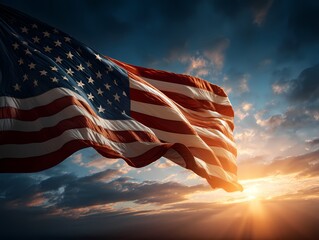 Majestic American Flag Waving Against Beautiful Sunset Sky