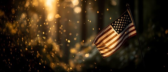 American Flag Glowing in Forest Light with Sparkling Bokeh Effects