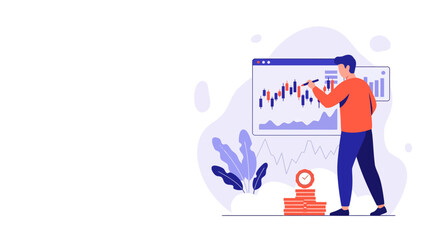 Faceless character analyzing stock data and drawing trend lines using charting software. Flat vector for an investment club proposal with abstract graph background and ample copy space.