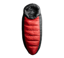 A red and black sleeping bag with a black zipper