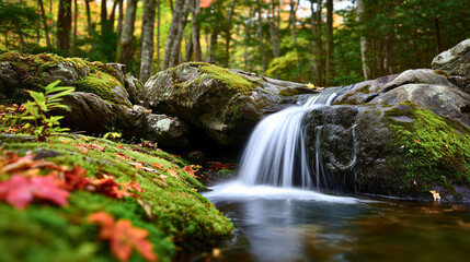 Waterfall Cascading Over Mossy Rocks in Forest Stream