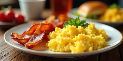 Fluffy scrambled eggs and crispy bacon on a breakfast buffet , hotel, spread, bacon