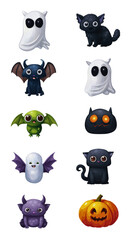 A grunge set of Halloween icons, cute creatures with big eyes