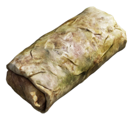 A piece of food that looks like a burrito