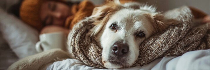 Obraz premium Comforting Dog Wraps Owner in Warmth While Sick in Bed on a Cozy Afternoon With Soft Natural Light
