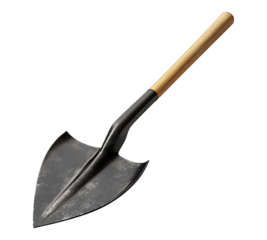 A rusty shovel with a wooden handle