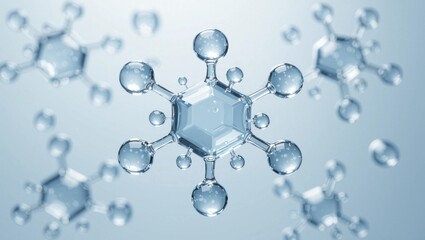 Isolated 3D structure of hyaluronic acid on a minimalist white background, showcasing high detail in a macro shot with soft reflections and no bubbles.