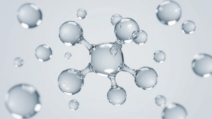 Isolated 3D structure of a hyaluronic acid molecule on a minimalist white background, showcasing high detail and soft light reflections without any bubbles or droplets.