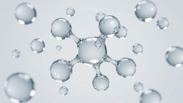 Isolated 3D structure of a hyaluronic acid molecule on a minimalist white background, showcasing high detail and soft light reflections without any bubbles or droplets.