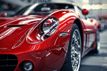 Close up of a polished red sports car reflecting showroom lights, showcasing its sleek design and luxurious appeal