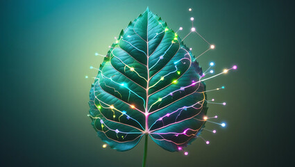 Macro Shot of Leaf Veins Glowing Like Neon Circuit Traces with Pulsing Electric Light in Cyan, Lime, and Magenta Over Organic Texture