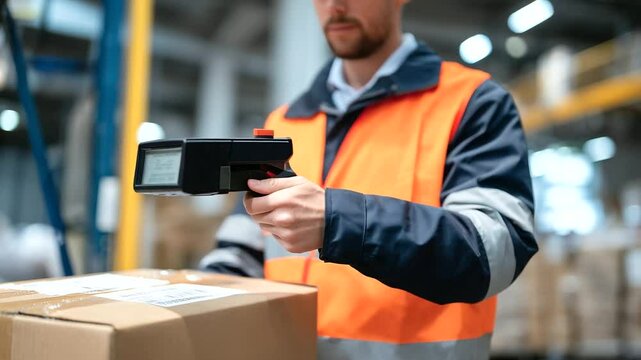 Close-up of a retail employee scanning barcodes on products during unloading in a supermarket backroom