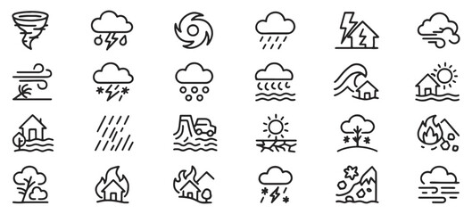 Disaster & Weather Hazard Line Icons Pack – Unique Vector Symbols for Natural Calamities, Storms, Floods, Fires, and Extreme Weather Events