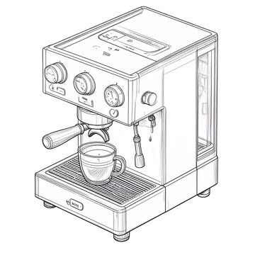 Detailed Isometric Sketch of Espresso Machine with Cup and Handle.