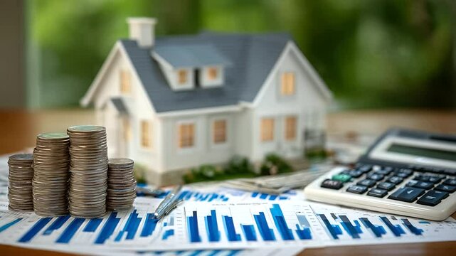 Home office scene with a model home surrounded by financial charts, a pen tucked into a folder, and a digital calculator flashing monthly payments