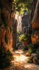 Obraz premium Serene Sunlit Canyon Surrounded by Lush Greenery and Steep Rock Formations in a Majestic Landscape Setting