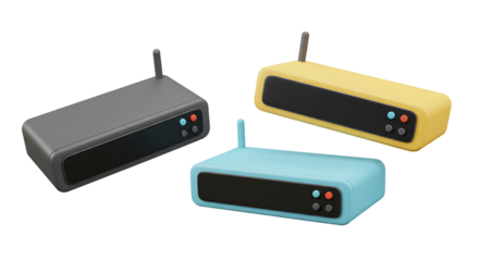 Three Colorful Stylized Routers with Antennas and Button Details.