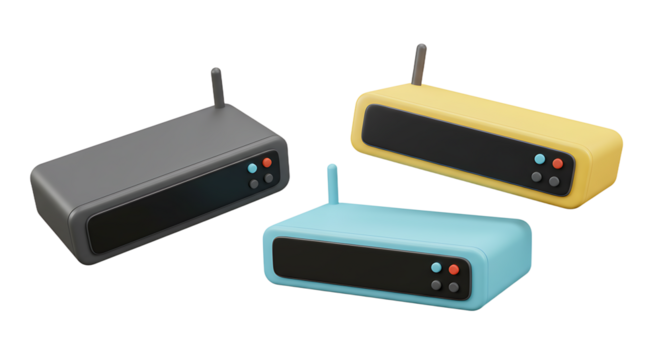 Three Colorful Stylized Routers with Antennas and Button Details.