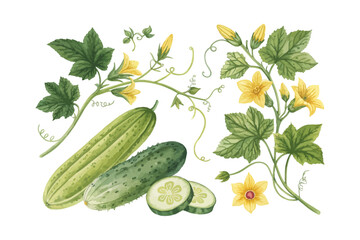 watercolor Cucumber Blossom branch vector illustration isolated on white background