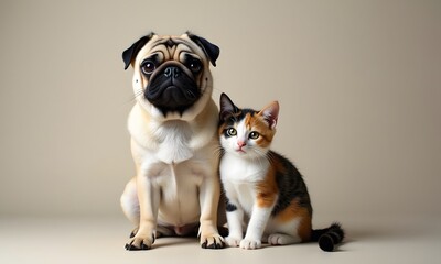 Attentive Pug and Calico Kitten Partners Sharing Peaceful Moment on Beige Background