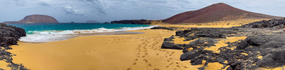 Panorama of Playa de las Conchas sandy beach, La Graciosa, Canary Islands