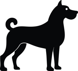 A striking black silhouette of a dog standing alert with a curled tail and pointed ears