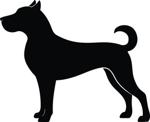 Black silhouette of a standing dog with a curled tail on a white background