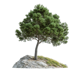 A small tree is growing on a rocky hill