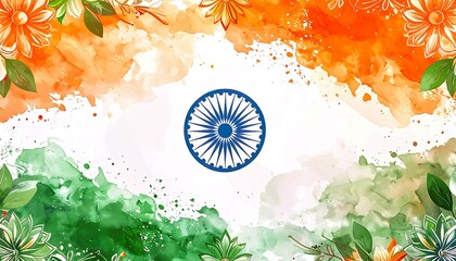 Indian Independence Day Watercolor Background with Ashoka Chakra