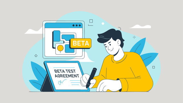 beta tester signing a digital agreement on a tablet, vector illustration for software pre-release testing, user feedback participation and early access programs