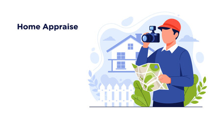 Home Appraiser Character at Work. Vector Illustration for Housing Market Analysis and Property Valuation.