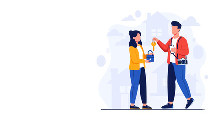 Faceless Real Estate Agent Character Handing Over Keys. Modern Vector Illustration for Property Presentations.