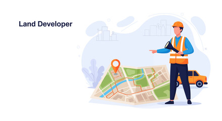 Land Developer Character Pointing at Map. Vector Design for Development Projects and Urban Planning.