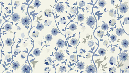 Floral pattern featuring blue flowers and winding vines on a light background creating a wallpaper design