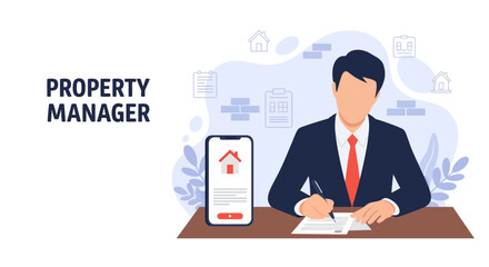 Property Manager Character Signing Documents. Modern Vector for Rental Agreements and Management Reports.