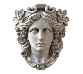 A woman's face is carved into a stone