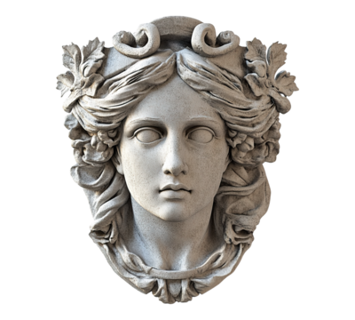 A woman's face is carved into a stone