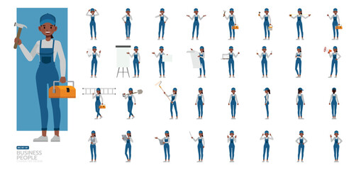 Big Set of Female handyman wear blue repairman apron character vector illustration design. Women working and presentation in various action.