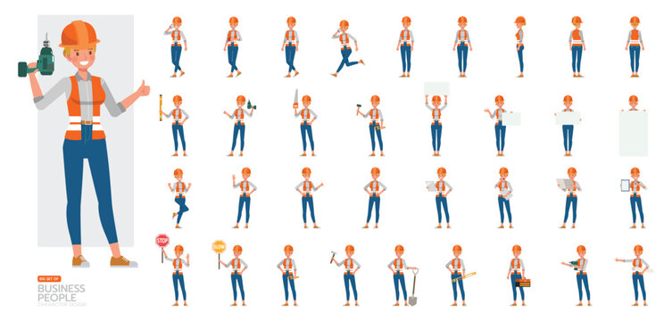 Big Set of Woman construction worker character vector illustration design. Women working and presentation in various action.