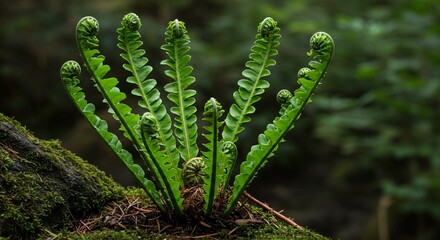 A close up of several fern fronds unfurling in a forest setting with mossy ground and blurred backdrop