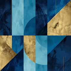 The artwork features abstract geometric designs in blue, gold, and textured shapes.