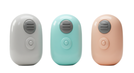 Three PastelColored OvalShaped Devices with Button and Line Details.
