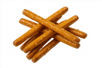 Salted breadsticks crossing symmetrically, crisp golden texture featuring sparkling salt crystals on pristine transparent surface