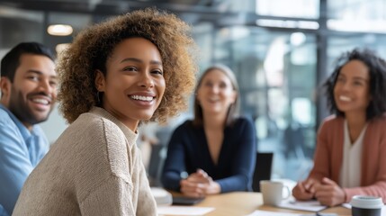 会議で笑顔を見せる多国籍なビジネスチーム | Multinational business team smiling in a meeting