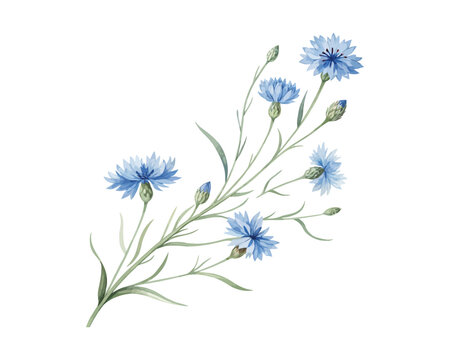 watercolor Cornflower branch vector illustration isolated on white background